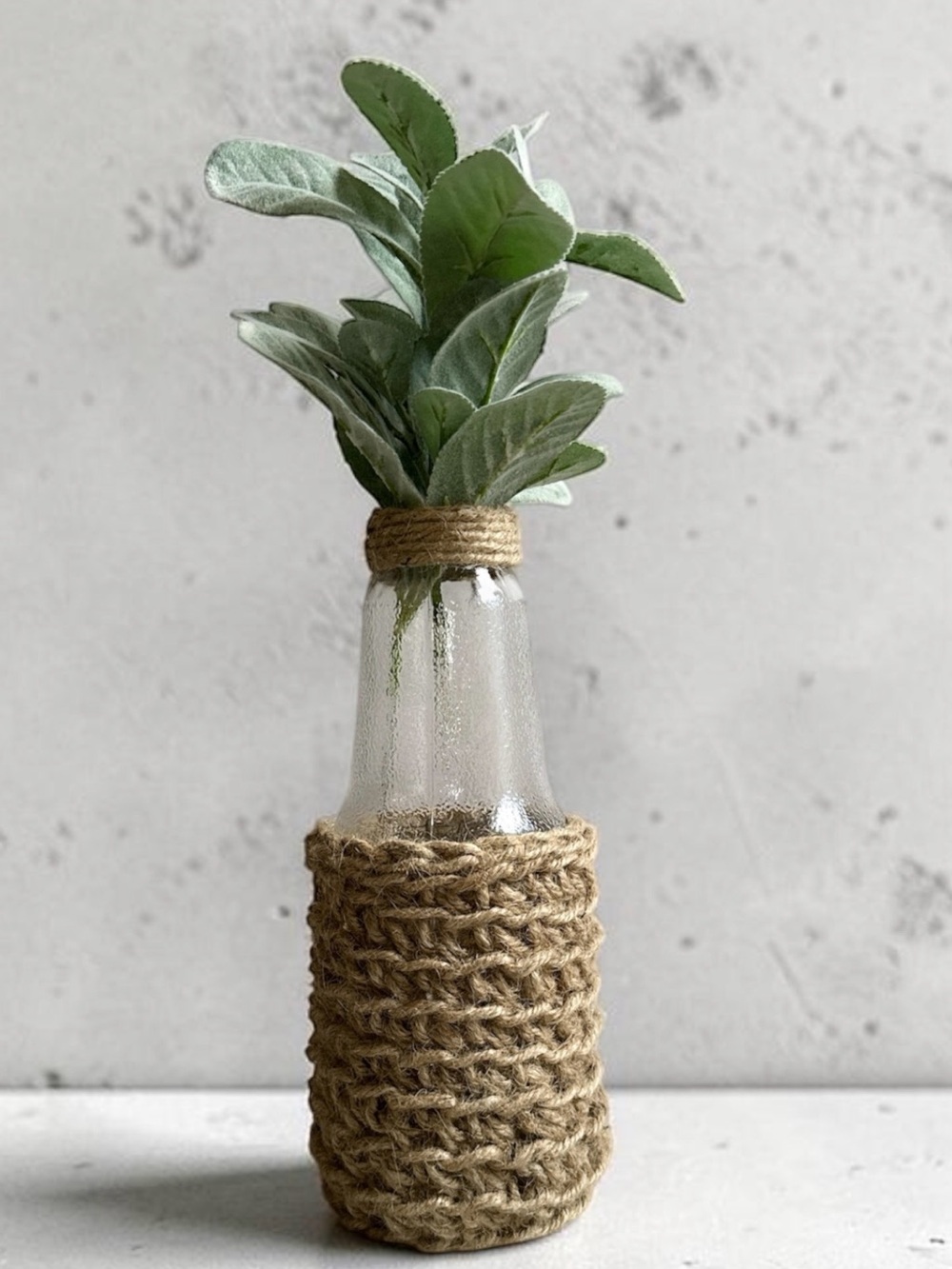 Jute-Wrapped Glass Vase with Green Faux Lamb’s Ear